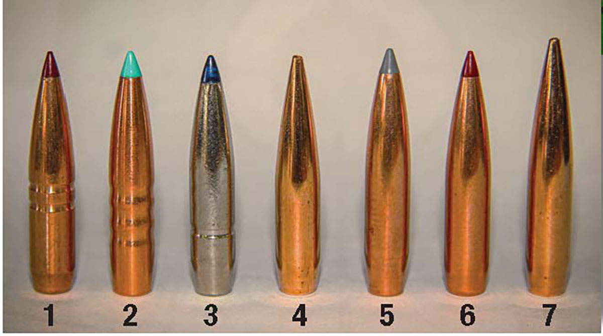 Bullets used to assemble handloads included: (1) Hornady’s 120-grain CX, (2) Hammer Bullets’ 125-grain HHT, (3) Federal Premium’s 130-grain Terminal ascent, (4) Berger’s 140-grain VLD Hunting, (5) Nosler’s 142-grain LR AccuBond, (6) Hornady’s 143-grain ELD-X and (7) Berger’s 156-grain EOL Elite Hunter.
